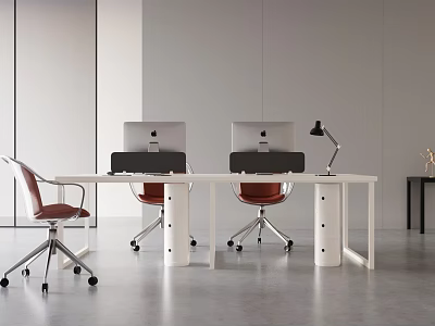 Modern White Office Desk Setup With Computer Monitors Red Office Chairs And Desk Lamp 3d model