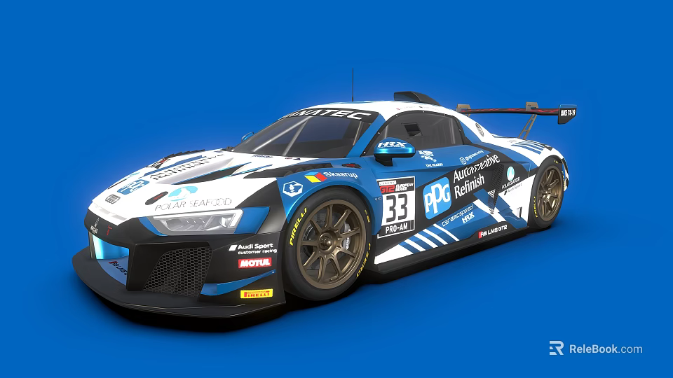 Audi R8 Racing Car In Blue White Livery With BWT Michelin Logos And Number 33 3d model 
