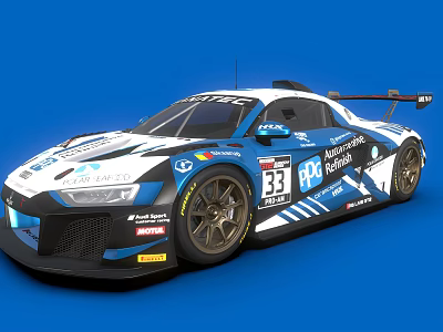 Audi R8 Racing Car In Blue White Livery With BWT Michelin Logos And Number 33 3d model