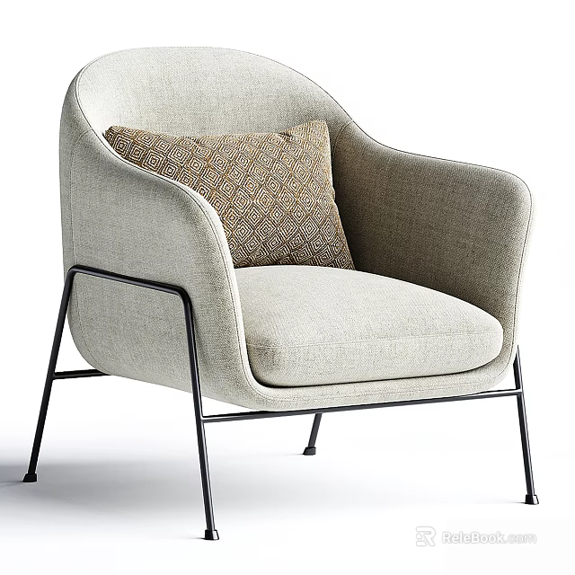 Modern Single Sofa With Light Gray Fabric Patterned Pillow And Metal Frame 3d model 