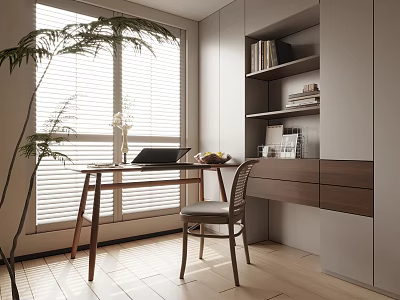 Modern Study Room Interior With Wooden Desk Chair Bookshelf And Window Blinds Plant 3d model