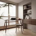 Modern Study Room Interior With Wooden Desk Chair Bookshelf And Window Blinds Plant
