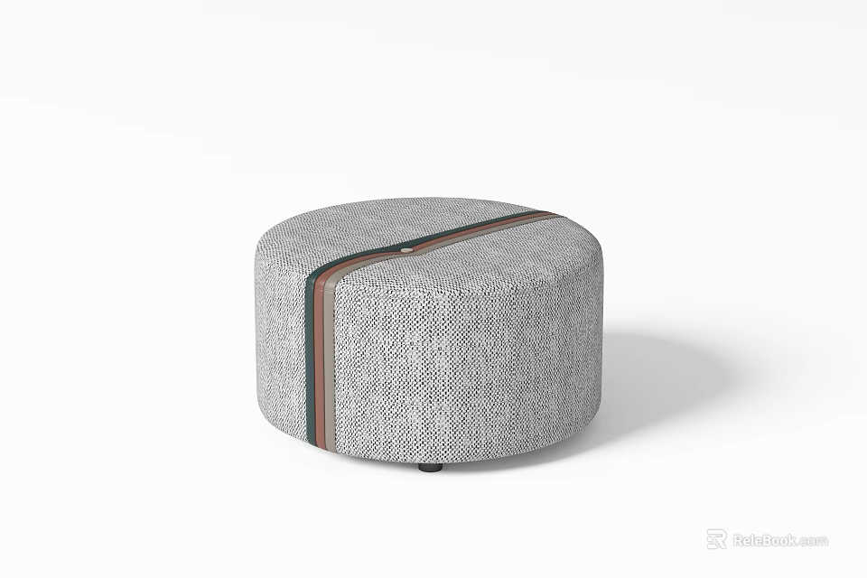 Round Gray Ottoman With Textured Fabric And Brown Accent Stripe For Living Room 3d model 