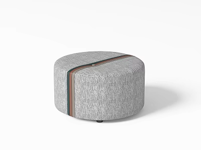 Round Gray Ottoman With Textured Fabric And Brown Accent Stripe For Living Room 3d model