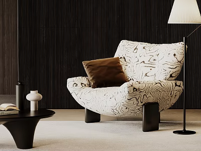 Stylish Black and White Patterned Accent Chair With Brown Cushion Floor Lamp and Coffee Table 3d model