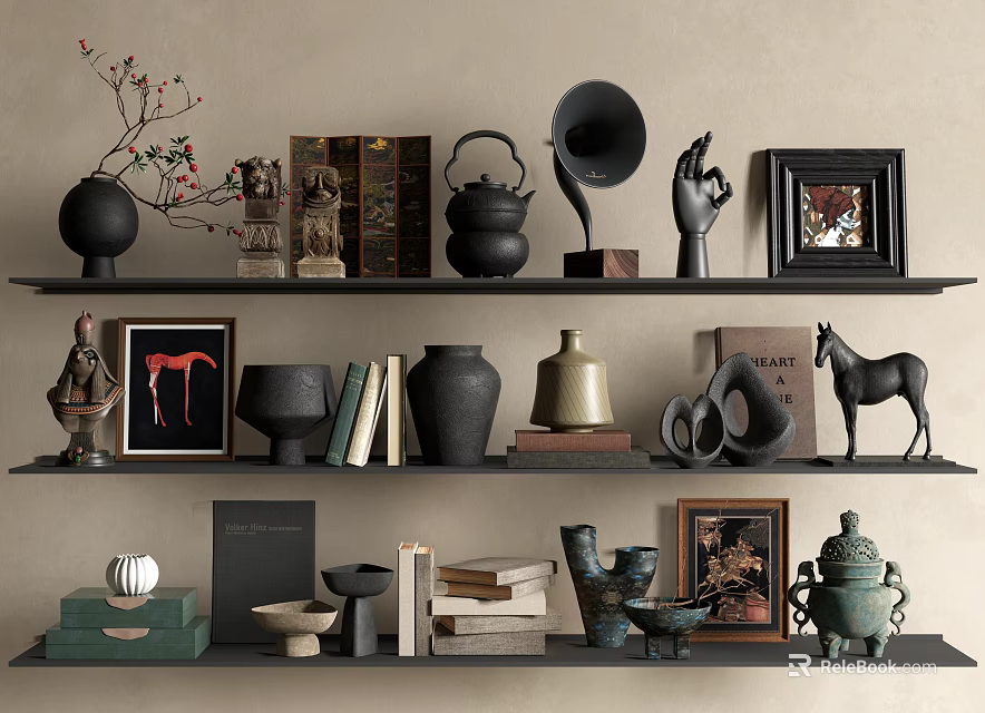 Elegant Decorative Ornament Set With Ceramic Vases Sculptures Photo Frames And Books On Shelves 3d model 