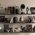 Elegant Decorative Ornament Set With Ceramic Vases Sculptures Photo Frames And Books On Shelves