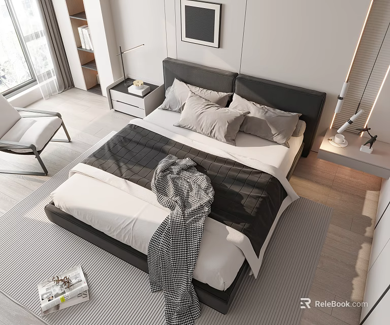 Modern Bedroom Double Bed with Gray Pillows Black Bedspread Nightstand Table Lamp and Soft Rug 3d model 