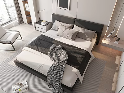 Modern Bedroom Double Bed with Gray Pillows Black Bedspread Nightstand Table Lamp and Soft Rug 3d model