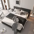 Modern Bedroom Double Bed with Gray Pillows Black Bedspread Nightstand Table Lamp and Soft Rug