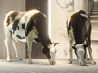 Two Black And White Cows Standing On Striped Floor With Marble Wall And Wooden Panels 3d model
