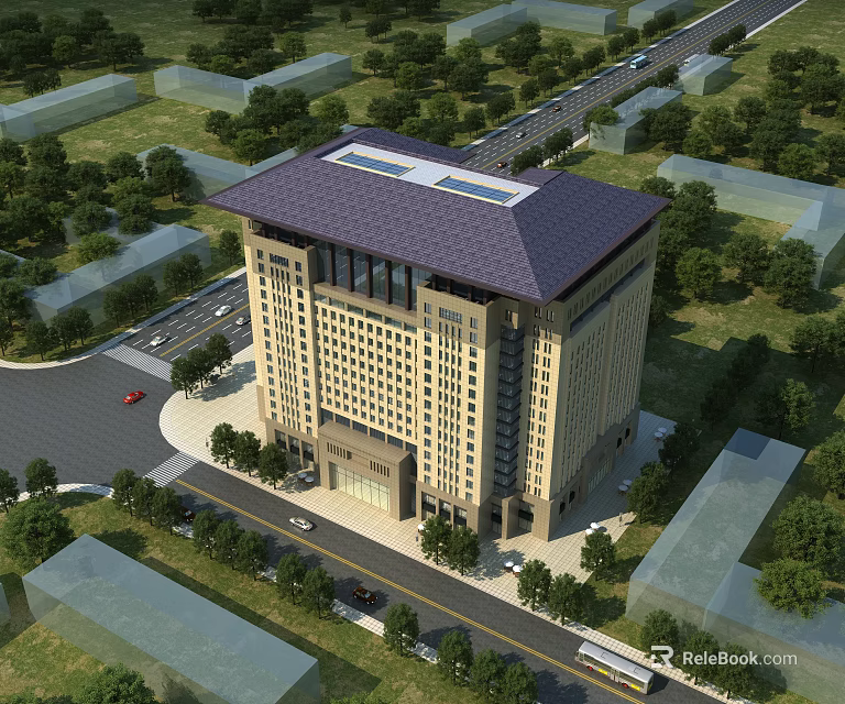 Aerial View of Modern Office Building with Dark Roof Green Landscaping and Surrounding Trees 3d model 
