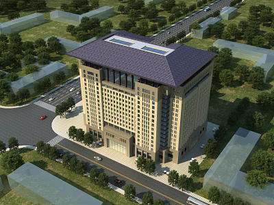 Aerial View of Modern Office Building with Dark Roof Green Landscaping and Surrounding Trees 3d model