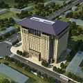 Aerial View of Modern Office Building with Dark Roof Green Landscaping and Surrounding Trees