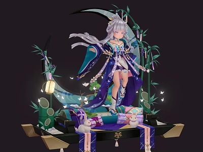 Game Anime Character Silver Haired Purple Blue Outfit On Moon Crescent With Bamboo Lantern And Rabbit 3d model