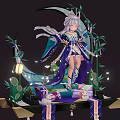 Game Anime Character Silver Haired Purple Blue Outfit On Moon Crescent With Bamboo Lantern And Rabbit