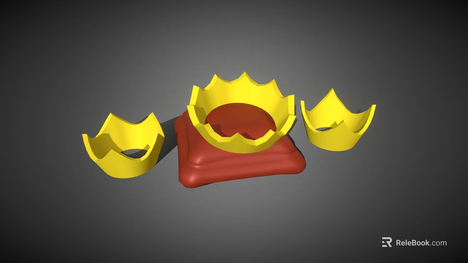 Three Golden Decorative Crown Jewelry Pieces with Central Red Base 3d model 