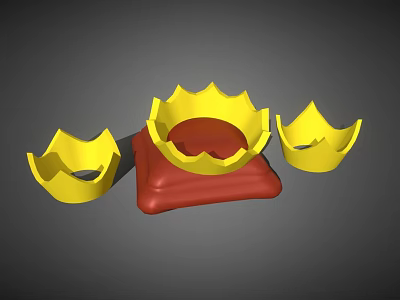 Three Golden Decorative Crown Jewelry Pieces with Central Red Base 3d model