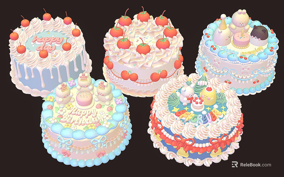 Multiple Colorful Decorated Cakes With Strawberries Animal Figurines And Cream Frosting 3d model 