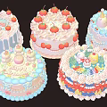 Multiple Colorful Decorated Cakes With Strawberries Animal Figurines And Cream Frosting
