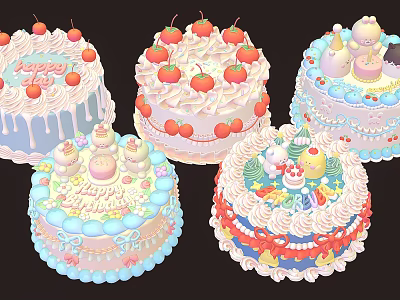 Multiple Colorful Decorated Cakes With Strawberries Animal Figurines And Cream Frosting 3d model