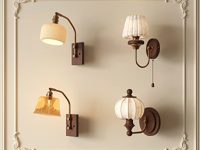 Vintage Modern Wall Lamps with Curved Metal Arms and Fabric Glass Shades 3d model