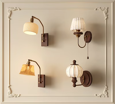 Vintage Modern Wall Lamps with Curved Metal Arms and Fabric Glass Shades 3d model