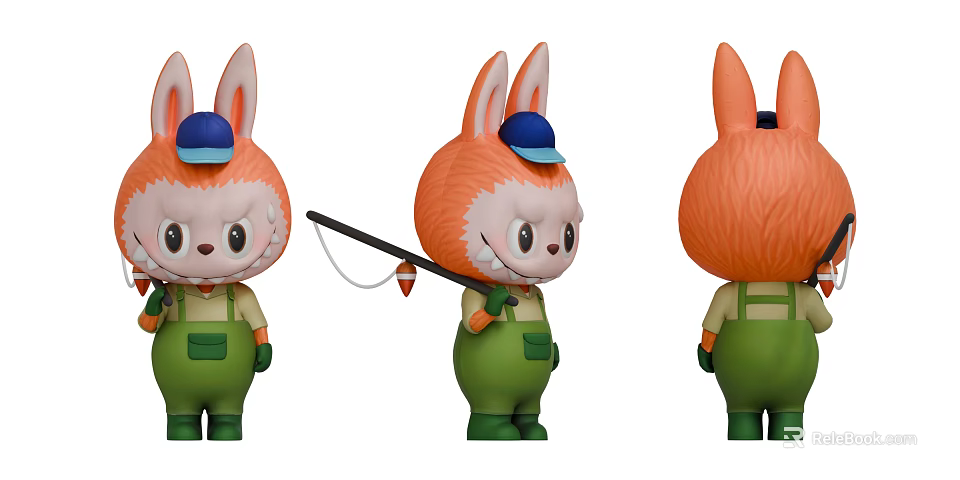 Adorable Rabbit Character With Orange Fur Blue Cap Green Overalls Fishing Rod Three Angles 3d model 
