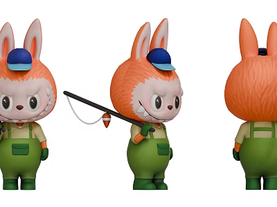 Adorable Rabbit Character With Orange Fur Blue Cap Green Overalls Fishing Rod Three Angles 3d model