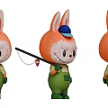 Adorable Rabbit Character With Orange Fur Blue Cap Green Overalls Fishing Rod Three Angles