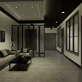 Modern Clubhouse Reception Area With Wooden Ceiling Marble Counter Display Shelves And Glass Door