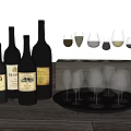 Stylish Wine Bottles and Various Glasses on Wooden Stand with Tray