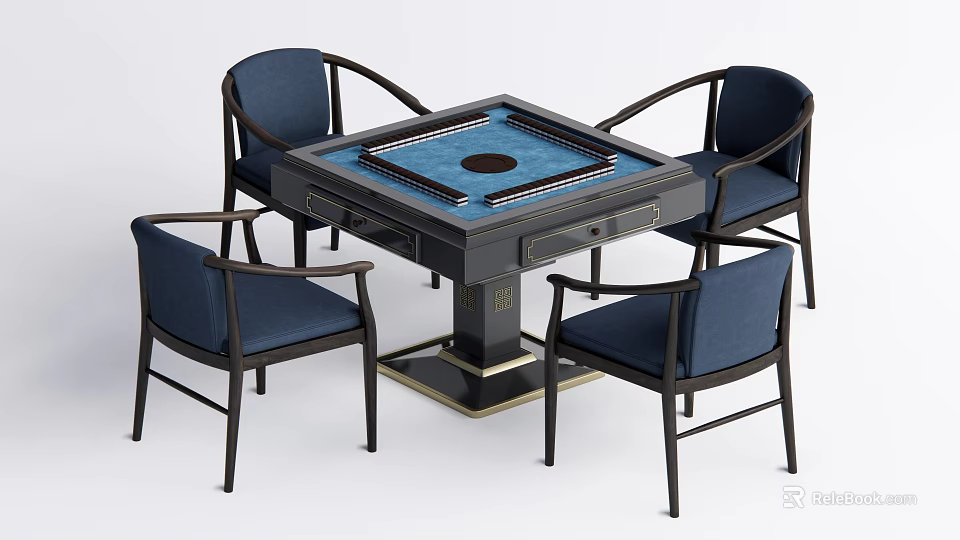Square Entertainment Mahjong Table With Navy Blue Chairs And Black Frame Design 3d model 
