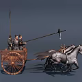 Ancient Wooden War Chariot Pulled By Four Horses With Warriors