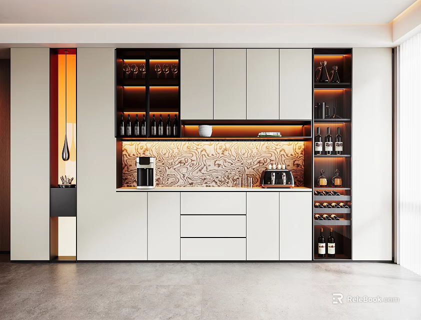 Modern Stylish Side Cabinet With Integrated Wine Storage And Warm Ambient Lighting For Dining Area 3d model 