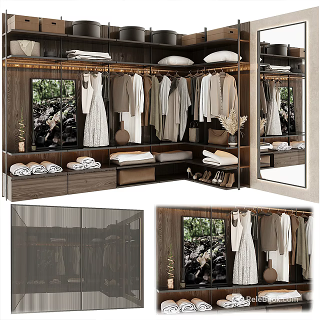 Modern Elegant Wardrobe Interior With Hanging Clothes Folded Towels Wooden Drawers And Mirror 3d model 
