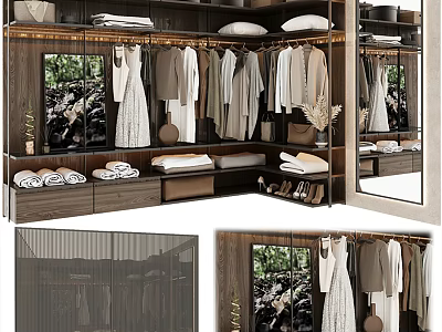 Modern Elegant Wardrobe Interior With Hanging Clothes Folded Towels Wooden Drawers And Mirror 3d model