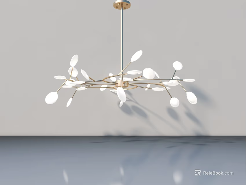 Modern Metal Chandelier With White Leaf Shaped Shades Hanging In Bright Room With Reflection 3d model 