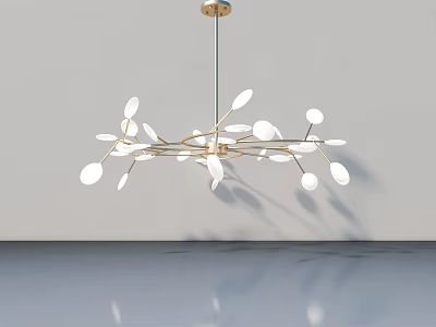 Modern Metal Chandelier With White Leaf Shaped Shades Hanging In Bright Room With Reflection 3d model