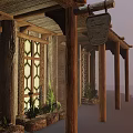 Cartoon Style Wooden Cottage With Tiled Roof And Wooden Awnings Windows And Potted Plants