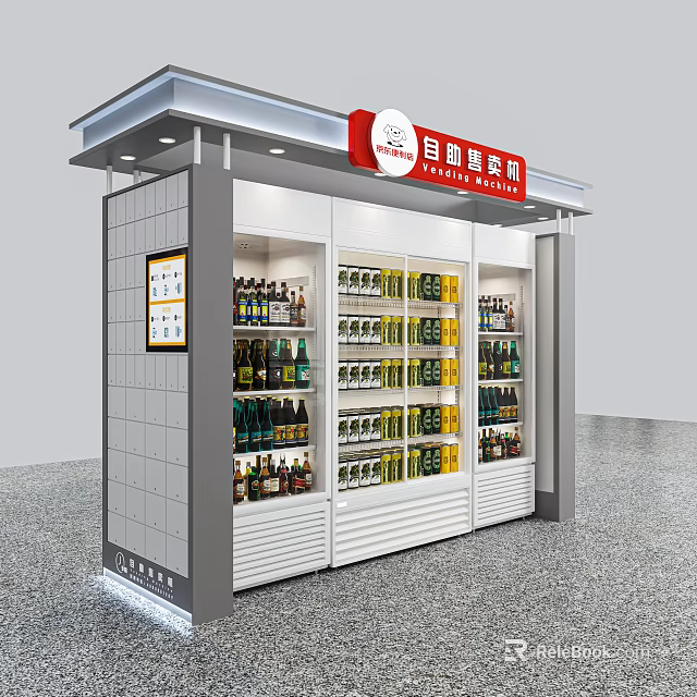 Self Service Vending Kiosk With Various Bottled Beverages And Shelves Lighting 3d model 