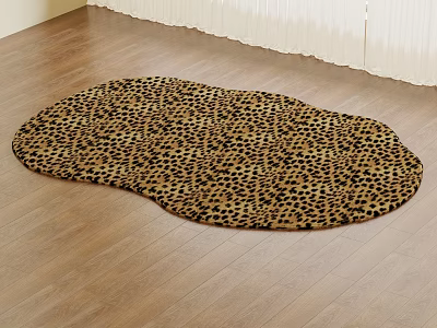 Living Room Leopard Print Irregular Shaped Rug On Wooden Floor 3d model