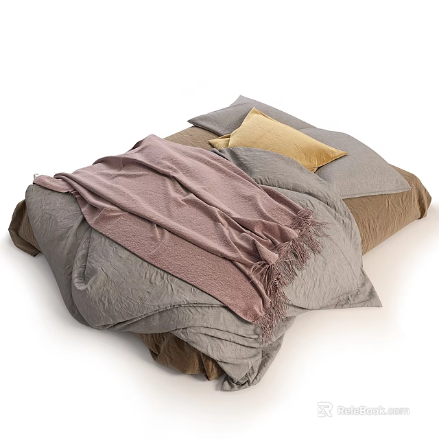 Cozy Bed Linens With Soft Blanket And Colorful Pillows In Gray Brown Tones 3d model 