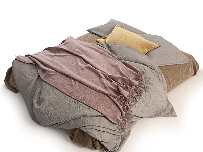 Cozy Bed Linens With Soft Blanket And Colorful Pillows In Gray Brown Tones 3d model