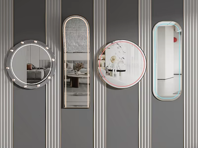 Decorative Mirrors of Various Shapes Hanging on Gray Striped Wall for Modern Decor 3d model