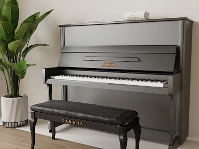 Elegant Black YAMAHA Piano With Stool Green Plant And Books In Modern Room 3d model