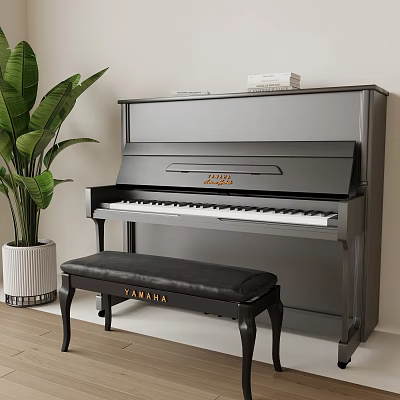Elegant Black YAMAHA Piano With Stool Green Plant And Books In Modern Room 3d model