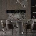 Elegant Modern Restaurant Interior With Round Dining Table Grey Chairs Pendant Lights And Decorative Plants
