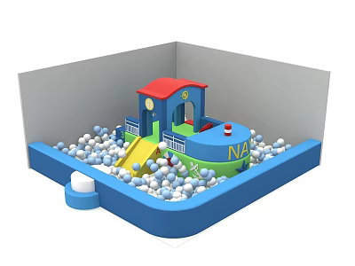 Colorful Children's Play Equipment With Blue Ball Pit Red Roof Yellow Slide And NA Logo 3d model