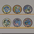 Decorative Colorful Circular Plates With Cartoon Patterns Arranged On Two Wooden Shelves